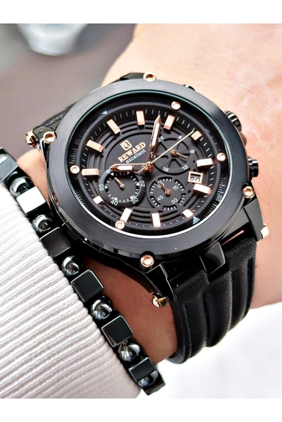 Reward Siyah Renk Deri Kordon Çelik Kasa Fonksiyonlu Erkek Kol Saati + BİLEKLİK ürün görseli 1