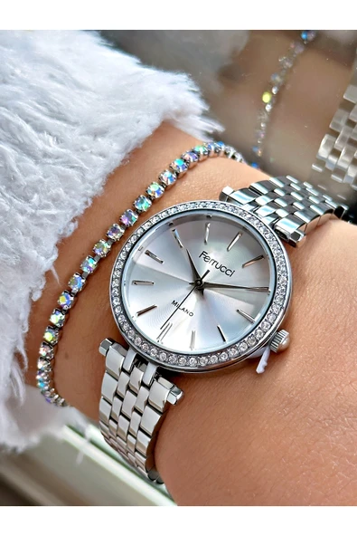 Ferrucci Gümüş Renk Taşlı Klasik Model  Çelik Kordon Kadın Kol Saati + BİLEKLİK - Resim 2