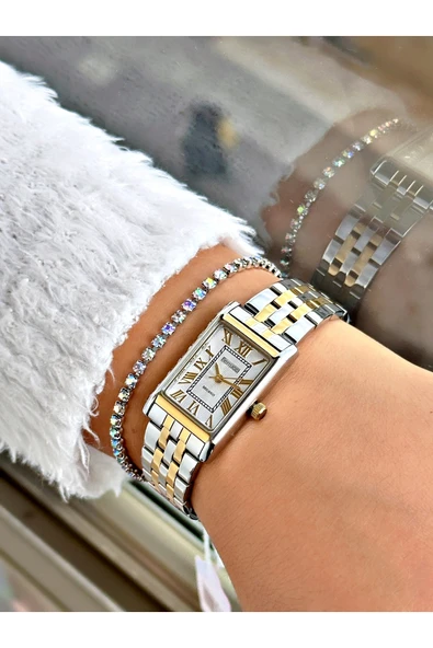 Ferrucci Gümüş Altın Renk Kare Model Roma Rakamlı Çelik Kordon Kadın Kol Saati + BİLEKLİK - Resim 2