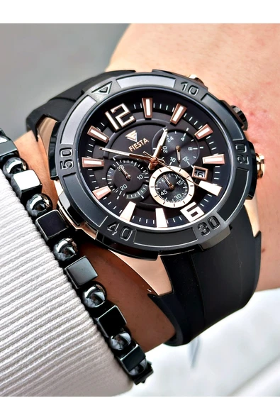 Fiesta Siyah Renk Spor Silikon Çelik Kasa Erkek Kol Saati + BİLEKLİK - Resim 4