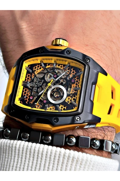 Reward Siyah Renk Çelik Kasa Otomatik Spor Silikon Business Erkek Kol Saati + BİLEKLİK - Resim 3