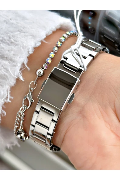 Ferrucci Gümüş Renk Klasik Sade Model  Kadın Kol Saati + BİLEKLİK - Resim 3