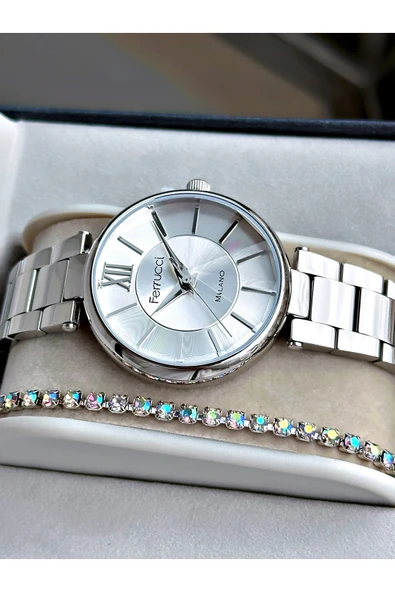 Ferrucci Gümüş Renk Aynalı Kristal Görünüm Cam Çelik Kordon Kadın Kol Saati + BİLEKLİK - Resim 2