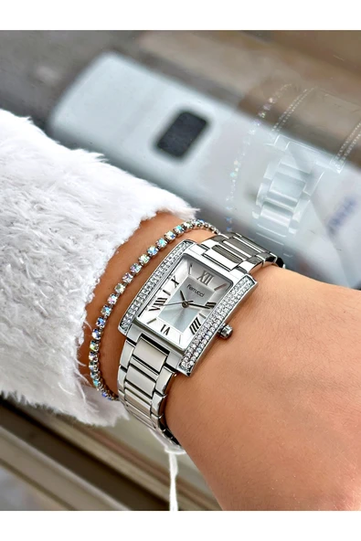 Ferrucci Gümüş Renk Kare Taşlı Model Çelik Kordon Kadın Kol Saati + BİLEKLİK - Resim 2