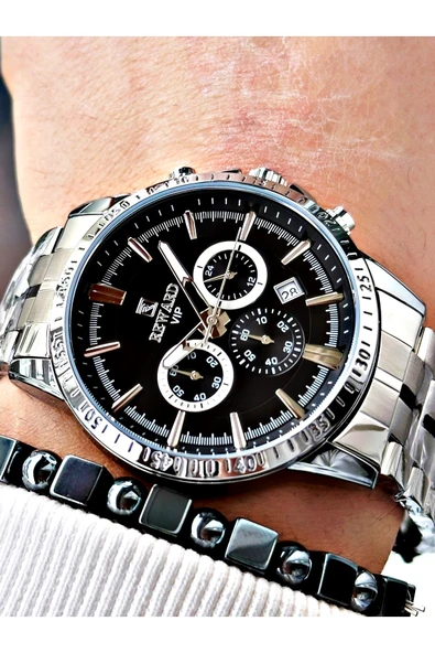 Reward Gümüş Renk Fonksiyonlar Aktif Ortası Şeritli Çelik Kordon Erkek Kol Saati + BİLEKLİK - Resim 3