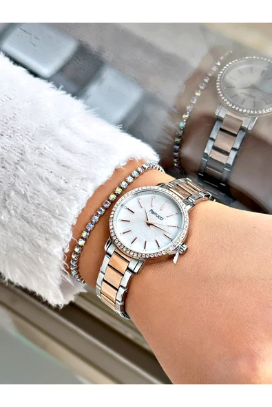 Ferrucci Rose Gold Gümüş Renk Sade Taşlı Model  Garantili Kadın Kol Saati + BİLEKLİK - Resim 2