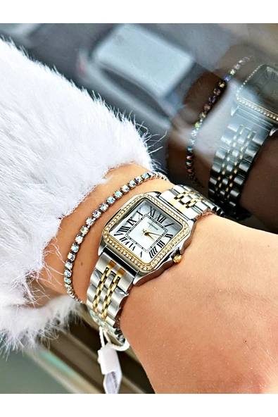 Chaperone Altın Gümüş Renk Taşlı Model Kare Kadın Kol Saati + BİLEKLİK - Resim 2
