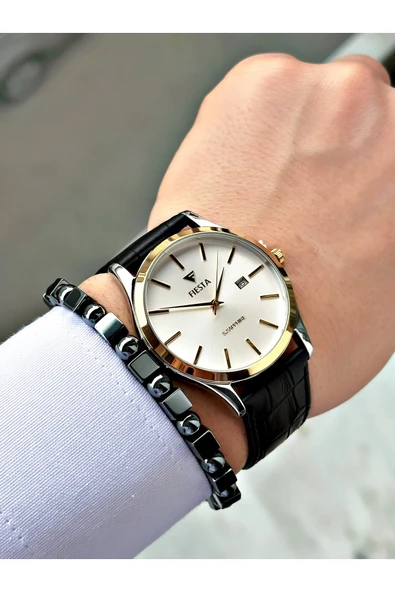 Fiesta Siyah Renk Klasik Sade Model Çelik Kasa Erkek Kol Saati + BİLEKLİK - Resim 2