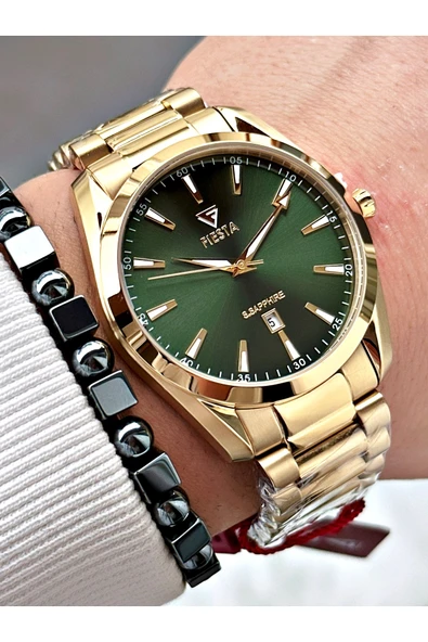 Fiesta Altın Silver Renk Çelik Kasa Kordon Erkek Kol Saati + BİLEKLİK - Resim 4