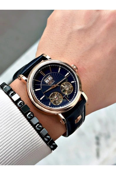 Fiesta Lacivert Renk Çift Türbünlü Deri Kordon Business Otomatik Erkek Kol Saati + BİLEKLİK - Resim 4