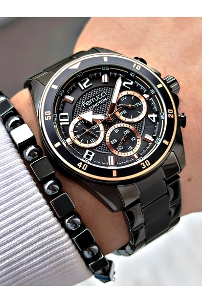 Ferrucci Siyah Renk Bronz Kasa Deri Kayışlı Erkek Kol Saati + Hematit Doğaltaş Bileklik Hediyeli ürün görseli 1