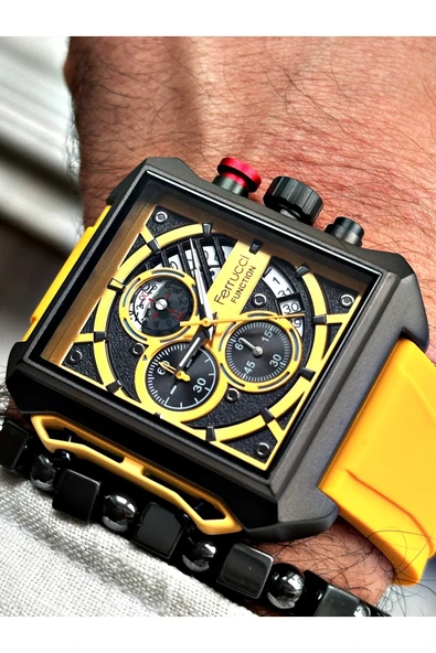Ferrucci Sarı Renk Fonksiyonlu Spor Silikon Erkek Kol Saati + BİLEKLİK HEDİYELİ - Resim 3