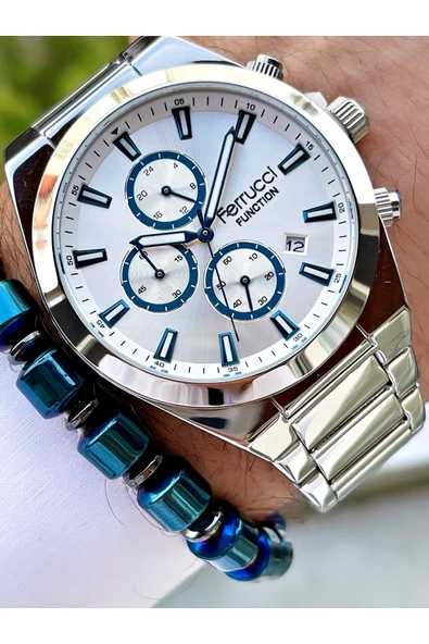 Ferrucci Gümüş Renk Silver Kadran Fonsiyonlar Aktif Çelik Kordon Erkek Kol Saati + Bileklik ürün görseli 1