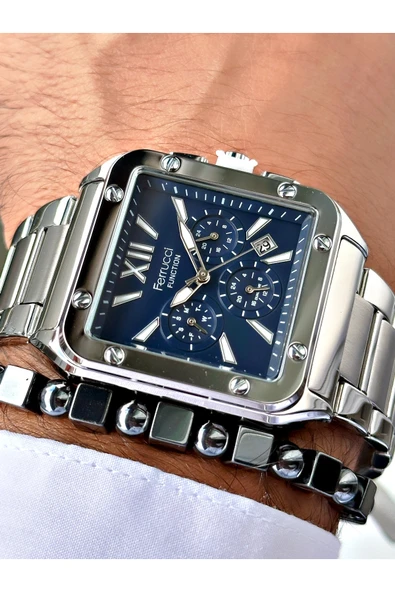 Ferrucci Gümüş Renk Kare Fonksiyonlar Aktif  Erkek Kol Saati + BİLEKLİK - Resim 2