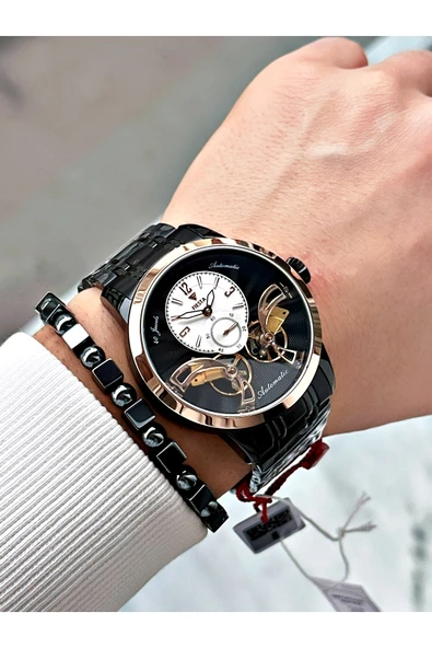 Fiesta Siyah Renk Çift Türbünlü Otomatik Business Erkek Kol Saati + BİLEKLİK - Resim 4