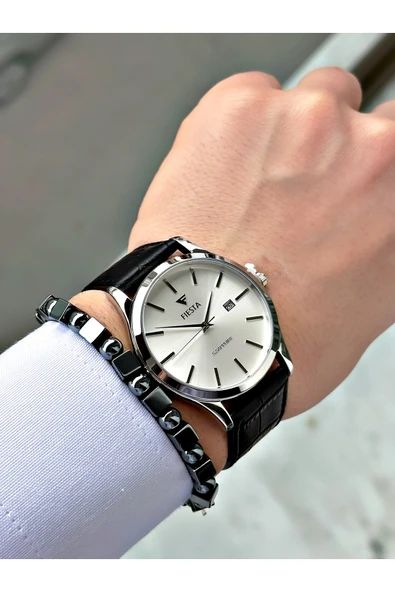 Fiesta Siyah Renk Klasik Sade Model Çelik Kasa Erkek Kol Saati + BİLEKLİK - Resim 2