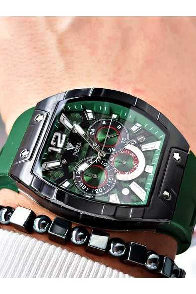 Fiesta Yeşil Renk Silikon Fonksiyonlu Çelik Kasa Business Erkek Kol Saati + BİLEKLİK - Resim 3