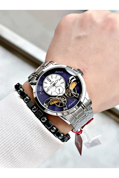 Fiesta Gümüş Renk Çift Türbünlü Otomatik Business Erkek Kol Saati + BİLEKLİK - Resim 6