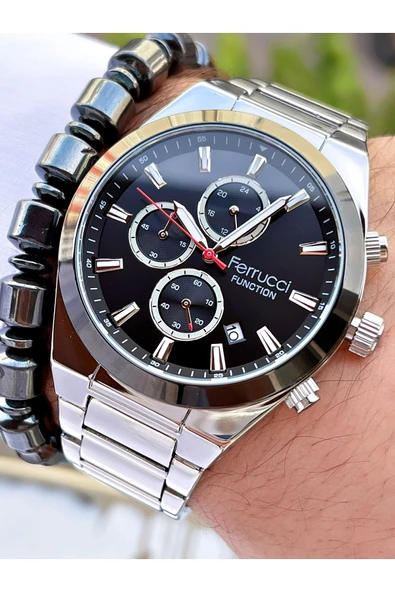 Ferrucci Gümüş Renk Siyah Kadran Fonsiyonlar Aktif Çelik Kordon Erkek Kol Saati + Bileklik Hediyeli - Resim 2