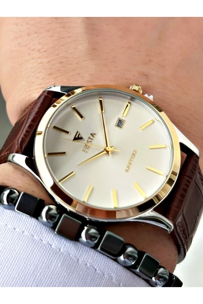 Fiesta Kahve Renk Klasik Sade Model Çelik Kasa Erkek Kol Saati + BİLEKLİK ürün görseli 1