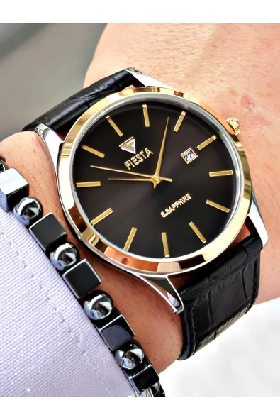 Fiesta Siyah Renk Klasik Sade Model Çelik Kasa Erkek Kol Saati + BİLEKLİK - Resim 3