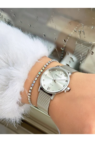Ferrucci Gümüş Renk Klasik Sade Model Kadın Kol Saati + Taşlı Bileklik Hediyeli - Resim 2