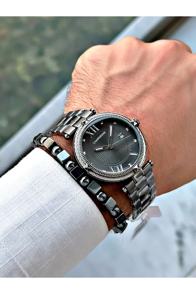 Chaperone Füme Renk Roma Rakamlı Sade Klasik Model Çelik Kordon Erkek Kol Saati + BİLEKLİK By Reward - Resim 2