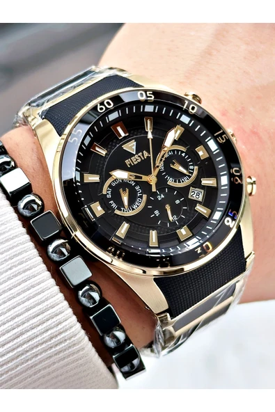 Fiesta Siyah Renk Silikon Metal Çelik Kasa Kordon Erkek Kol Saati + BİLEKLİK ürün görseli 1