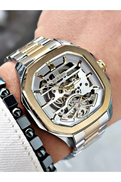 Reward Altın Gümüş Renk Otomatik İskelet Kare Model Mekanizma Erkek Kol Saati + BİLEKLİK ürün görseli 1