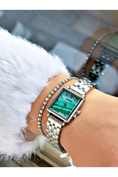 Chaperone Gümüş Renk Kare Model Sade Çelik Kordon Kadın Kol Saati + BİLEKLİK - Resim 2
