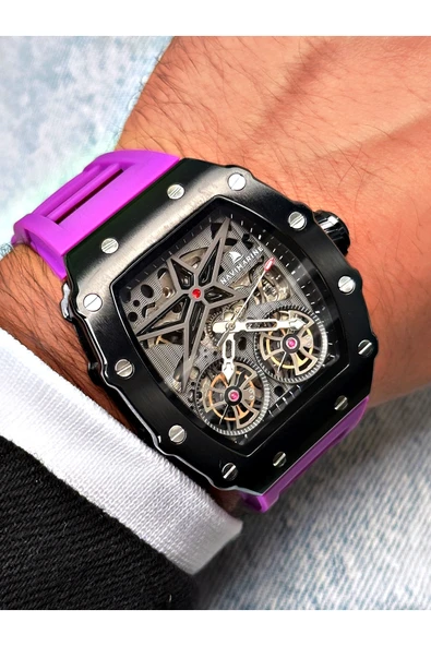 Navimarine Mor Renk Kare Spor Silikon Otomatik Business Erkek Kol Saati + BİLEKLİK HEDİYELİ - Resim 4