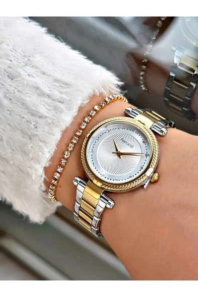 Ferrucci Altın-Gümüş Renk Çelik Kordon Şık Tasarım Taşlı Kasa Kadın Kol Saati + Bileklik Hediyeli - Resim 2