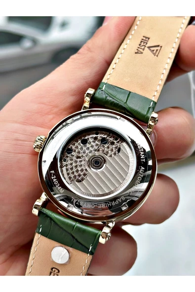 Fiesta Yeşil Renk Çift Türbünlü Deri Kordon Business Otomatik Erkek Kol Saati + BİLEKLİK - Resim 7