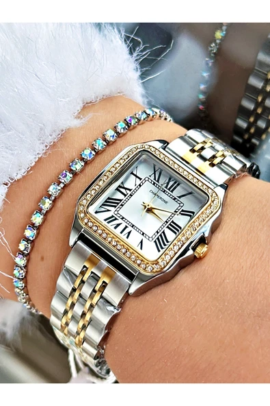 Chaperone Altın Gümüş Renk Taşlı Model Kare Kadın Kol Saati + BİLEKLİK ürün görseli 1