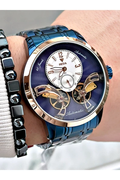 Fiesta Lacivert Renk Çift Türbünlü Otomatik Business Erkek Kol Saati + BİLEKLİK - Resim 2