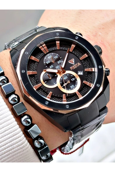 Fiesta Siyah Renk Çelik Elite Mekanizma Garantili Fonksiyonlu Erkek Kol Saati + BİLEKLİK - Resim 3