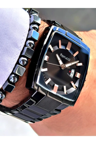 Ferrucci Siyah Renk Kare Klasik Çelik Kordon Erkek Kol Saati + BİLEKLİK ürün görseli 1