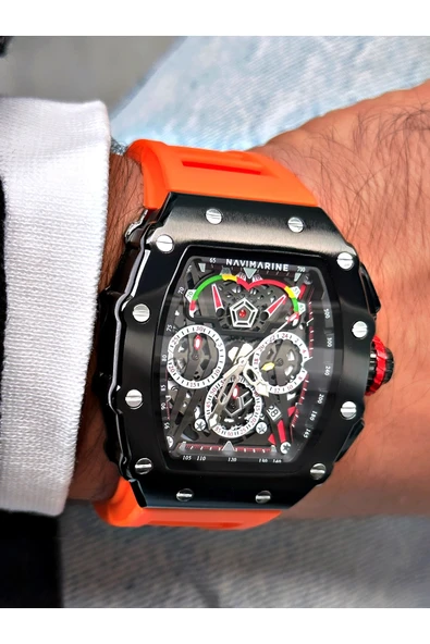 Navimarine Turuncu Renk Fonksiyonlu Spor Silikon Kare Erkek Kol Saati + BİLEKLİK HEDİYELİ - Resim 4