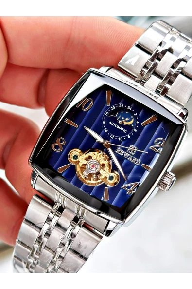 Reward Gümüş Renk Kare Mekanizma Otomatik Kurmalı Erkek Kol Saati + BİLEKLİK - Resim 2