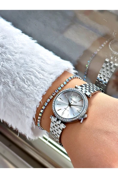 Ferrucci Gümüş Renk Taşlı Klasik Model  Çelik Kordon Kadın Kol Saati + BİLEKLİK - Resim 3