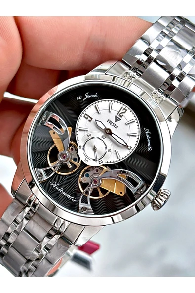 Fiesta Gümüş Renk Çift Türbünlü Otomatik Business Erkek Kol Saati + BİLEKLİK - Resim 3