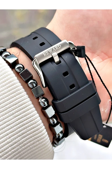 Reward Siyah Renk Silikon Spor Çelik Kasa Business Erkek Kol Saati + BİLEKLİK - Resim 4