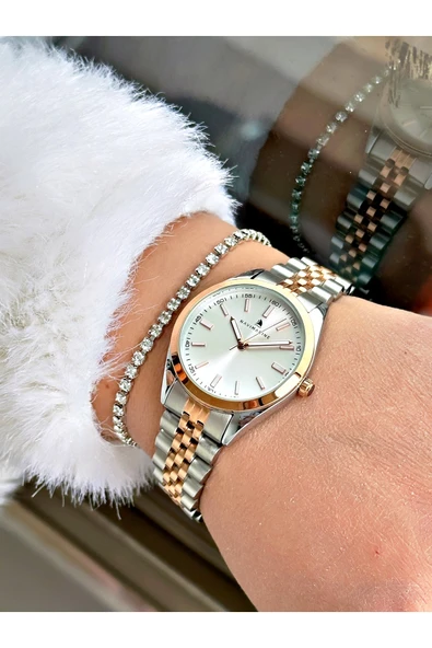 Navimarine Altın Renk Çelik Kordon Kadın Kol Saati + Bileklik Hediyeli - Resim 3