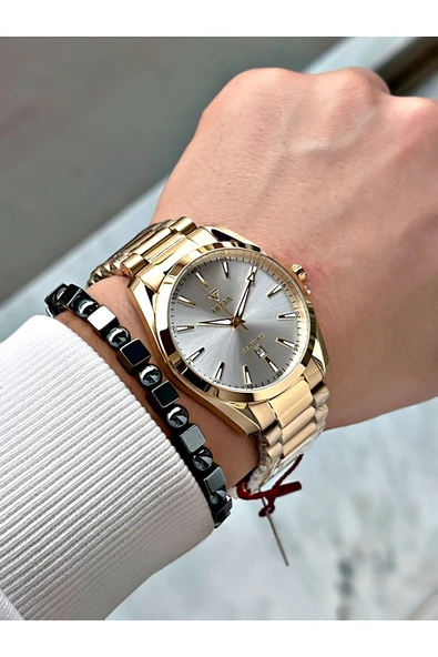 Fiesta Altın Silver Renk Çelik Kasa Kordon Erkek Kol Saati + BİLEKLİK - Resim 2