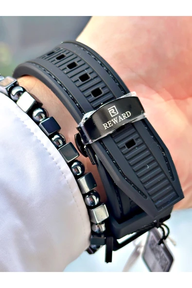 Reward Siyah Renk Çelik Kasa  Mekanizma Lüx Erkek Kol Saati + BİLEKLİK - Resim 5