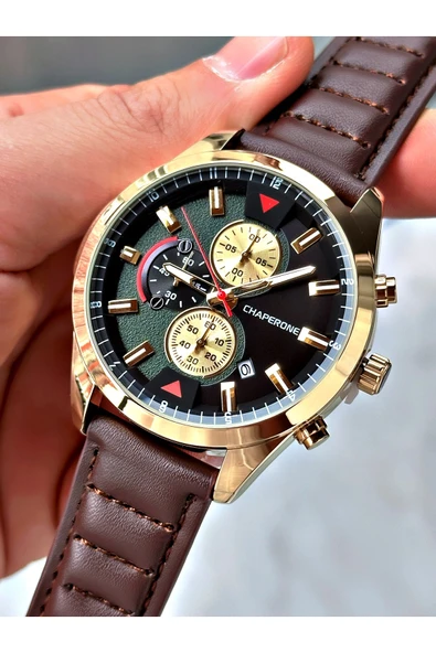 Chaperone Kahverengi Deri Kordon Fonskiyonlu Spor Erkek Kol Saati + BİLEKLİK HEDİYELİ By Reward - Resim 4