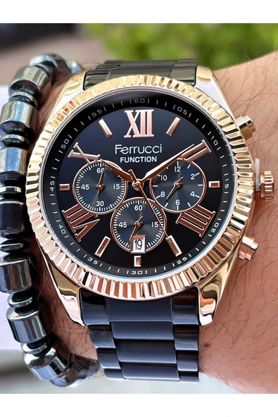 Ferrucci Siyah Rose Gold Renk Fonksiyonlar Aktif Erkek Kol Saati + Bileklik - Resim 2