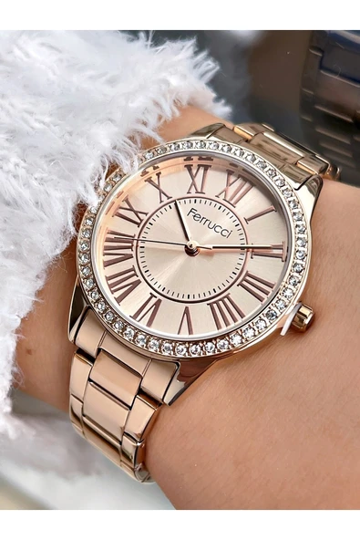 Ferrucci Taşlı Kasa Rosegold Renk Çelik Kordon Kadın Kol Saati Bileklik Hediyeli ürün görseli 1