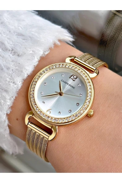 Chaperone Altın Renk Hasır Çelik Kordon Klasik Kadın Kol Saati + Bileklik Hediyeli ürün görseli 1