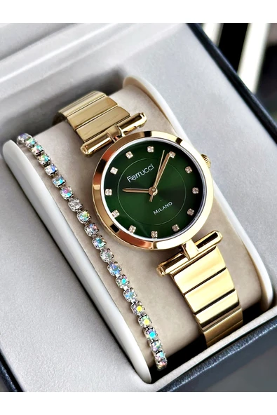 Ferrucci Altın Renk Sade Model Klasik Çelik Kordon Kadın Kol Saati + BİLEKLİK ürün görseli 1